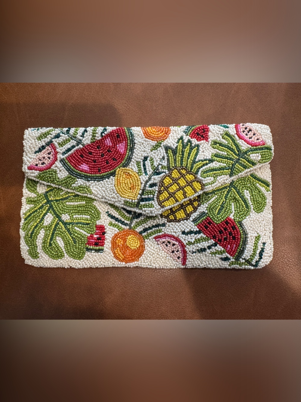 Beaded Tropical Fruit Clutch in White, Green, Yellow & Red